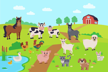 Farm animals in the field. Duck Pond