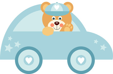 Cute baby boy teddy bear in blue toy cart