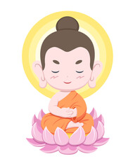 Cute style Buddha sitting on lotus cartoon illustration
