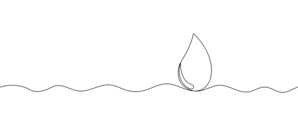Water or blood drop line art. Eco concept idea in one line style. Outline raindrop on white background with liquid waves. Vector card illustrations for environment poster.