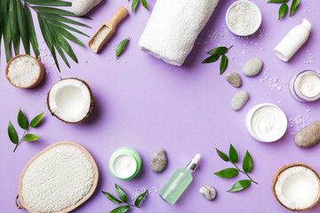 Naklejka na ściany i meble Coconut with jars of coconut oil and cosmetic cream on colored background. Top view. Free space for your text. Natural spa coconut cosmetics and organic treatment concept Coconut Spa composition