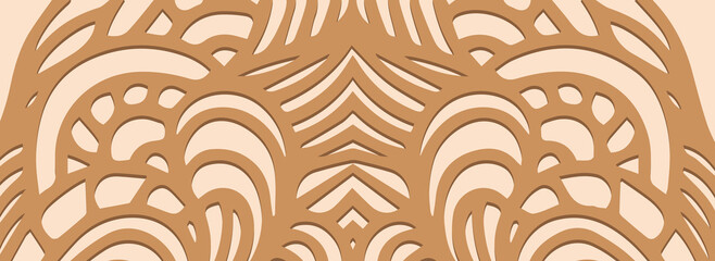 Art banner, cover design. Dynamic geometric ethnic large 3d pattern on a beige background, art deco relief texture. Vector graphics for business background, magazine layout, brochure, booklet, flyer.