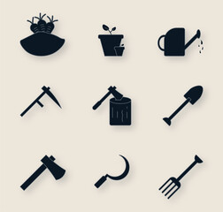 Background illustration Set of farm harvest and farm decorative icons, set of crop tools, flat style icons in circle with long shadow.