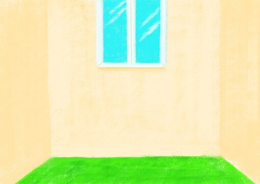 パステルで描いたシンプルな家の中に、一つの窓と芝生の様な絨毯