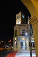 PHUKET, THAILAND - March 21 2022: Old Police Station with Clock Tower Now Become the Landmarks of Chino Portuguese Building in Phuket Town.
