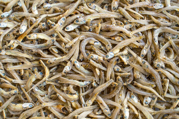 Close-up of dried anchovies. Seafood in the market.