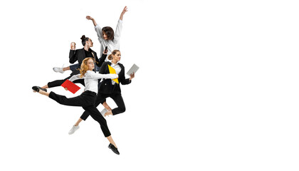 Fototapeta na wymiar Flyer with excited men and women wearing business outfits jumping, running isolated on white background. Ballet dancers. Business, start-up, motion concept.