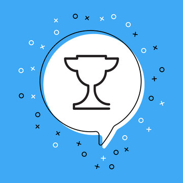 Winner cup icon in white speech bubble with decorative elements on a blue background. Modern graphic announcement with thin line symbol. Vector illustration EPS 10