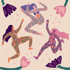 Women power and body positivity concept. Beautiful different nationalities women dancing surrounded by spring flowers. Background for International Womens Day. Hand drawn vector illustration.