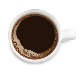 Fresh aromatic coffee in mug isolated on white, top view