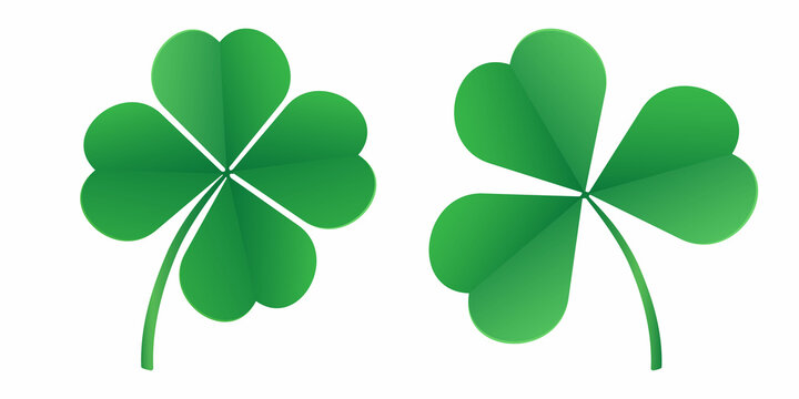 A set of two types of clover leaves. Four leaf and three leaf clover. 3 D. Vector illustration.