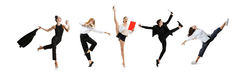 Set of emotional office workers jumping and dancing isolated on white background. Business, motion,...