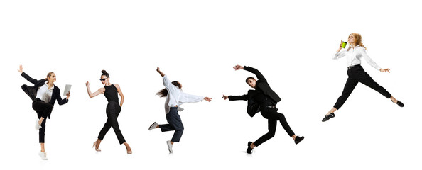 Set of emotional office workers jumping and dancing isolated on white background. Business, motion, immigration concept. Creative collage.