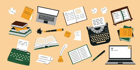Writing and copywriting concept. Content creation Items. Laptop, typewriter flat vector illustration. Writer's workplace. Copywriter's items.
