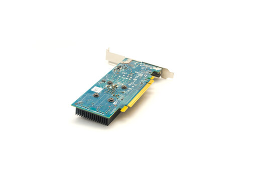 Top view printed circuit board that houses a processor and VRAM on graphic card isolated on white