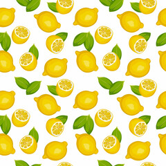 Seamless pattern with lemons and leaves on a white background