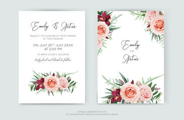 Elegant floral wedding invite, invitation, save the date card vector template design. Blush pink peach rose flowers, burgundy orchid, tropical leaves, greenery branches bouquet watercolor illustration