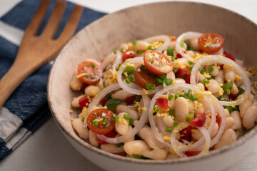 Bean salad with peppers and onion.