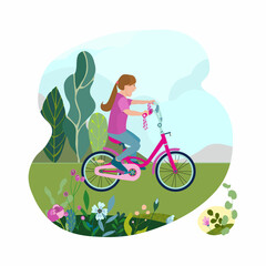 Flat happy girl kid on bicycle on a park road with flowers and leaves. Child riding colorful bike outdoor sport in natural summer landscape by pathway track through green. Vector illustration.