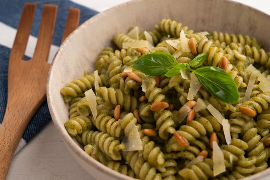 Spirals With Broccoli Pesto And Pine Nuts. Italian Recipe.