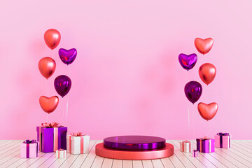 Cylinder podium with hearts and pink gift box and pink balloon pedestal product display. 3d render