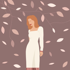 Flat illustration with blond-head woman in white dress with red ethnic slavic ornament on sleeves and edge of dress on purple background with leaves
Flat illustration with blond-head woman in white dr