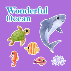 Sticker template with explore ocean world concept,watercolor style