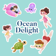 Sticker template with explore ocean world concept,watercolor style