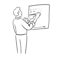 Hand drawn cartoon vector illustration of business man writing something  on the board. EPS 10