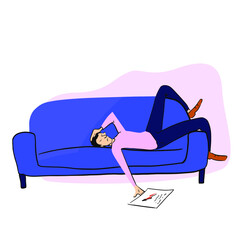 Man lying on the sofa with headache. Vector illustration eps 10 on white background