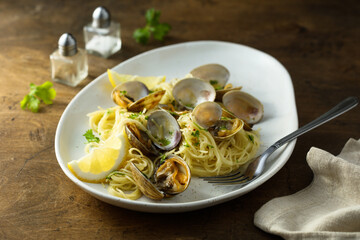 Homemade pasta with clams and lemon