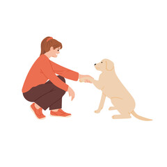 Labrador retriever gives paw to owner. Vector hand drawn illustration in flat cartoon style. Isolated on white background.