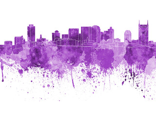 Nashville skyline in purple watercolor on white background
