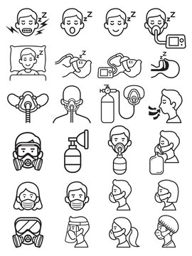 Oxygen masks and sleep aids icons vector illustrations