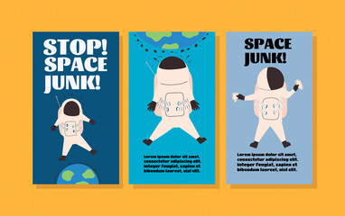 A set of vertical templates with the problem of pollution of the earth's orbit. Vector illustration