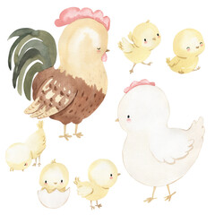 Chicken and chickens, watercolor illustration for kids