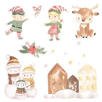 Christmas elves, deer, snowmen, houses, poinsettia. Watercolor cute illustration