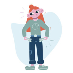 Vector flat cartoon illustration. Finance, budget. The girl turns out her empty pockets. Bankruptcy.