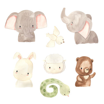 Watercolor elephant, bird, sheep, bear, snake, bunny