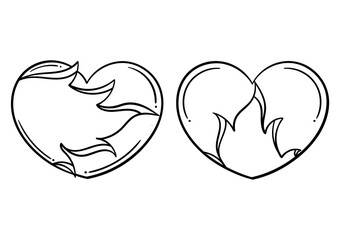 hand drawn illustration of heart and fire on white background