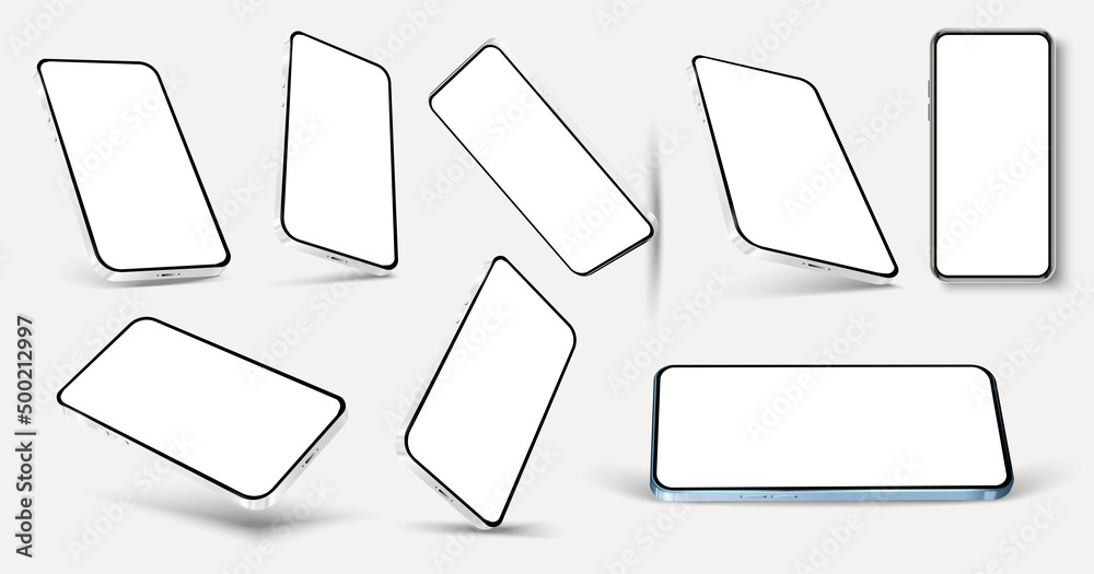 Fototapete Realistic phone mockup. The layout of a smartphone with a white screen isolated on a white background. The device is viewed from different angles . Vector illustration