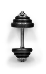 Obraz na płótnie Canvas Metal dumbbells. Vertical view isolated on white background. Gym, fitness and sports equipment symbol.