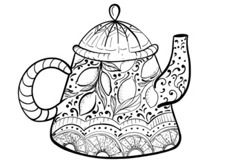 teapot of tea with lemon, black and white hand draw illustration