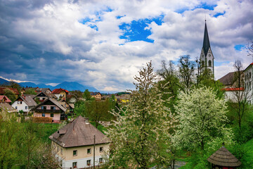 Fototapeta na wymiar Picturesque view of Radovljica town, Slovenia near famous Bled Lake at spring day