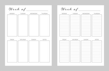 Printable sheet weekly planner. Minimal design.