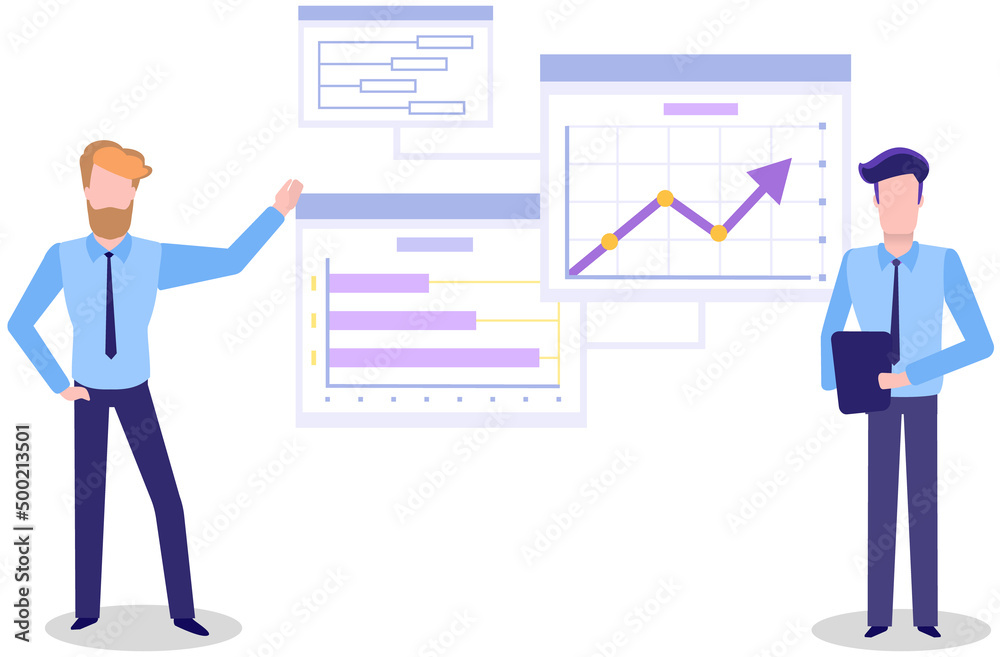 Poster visualize with business analytics. people work with statistical data analysis, changing indicators. 