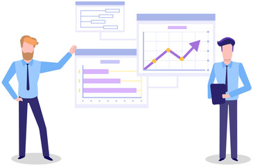 Visualize with business analytics. People work with statistical data analysis, changing indicators. Employees analyze statistical indicators, business data. Characters work with marketing research