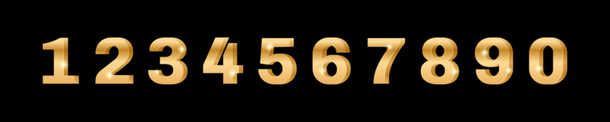 Gold 3d numbers from 0 to 9. Gradient gold sparkling texture. Golden numbers with sparkles effect. Vector illustration