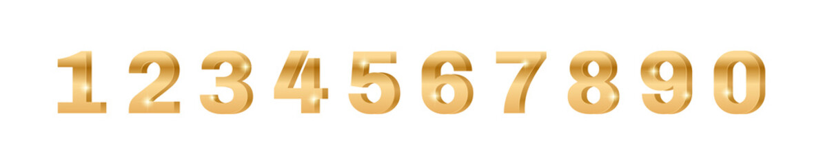 Gold 3d numbers from 0 to 9. Gradient gold sparkling texture. Golden numbers with sparkles effect. Vector illustration