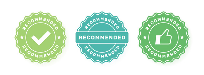 Recommended badge set. Label design with check mark and thumbs up. Good choice recommendation. Vector illustration